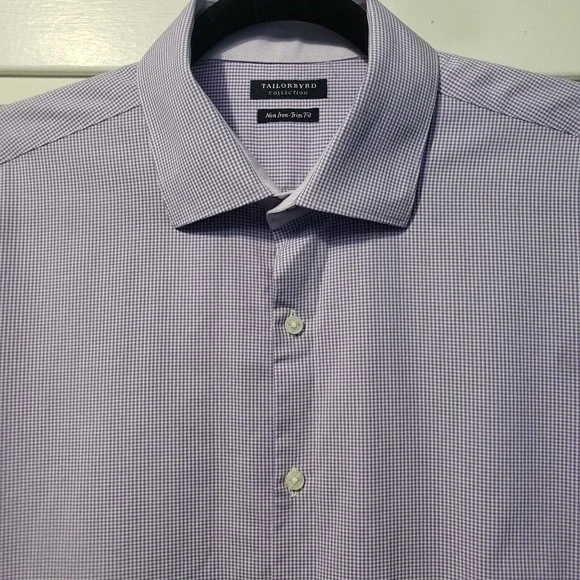 Tailorbyrd Button Down Shirt Men's Size 16 1/2 (34-35) Trim Purple Gingham Check - Picture 2 of 9